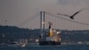 一艘悬挂巴拿马旗的货轮在伊斯坦布尔经过检查正在穿越博斯普鲁斯海峡（2022年8月7日）