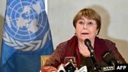 United Nations High Commissioner for Human Rights Michelle Bachelet speaks during a press conference in Dhaka, Bangladesh, Aug. 17, 2022.