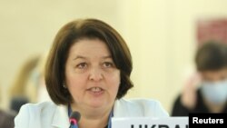 FILE - Ukraine's ambassador Yevheniia Filipenko attends the special session on the situation in Ukraine of the Human Rights Council at the United Nations in Geneva, Switzerland, March 4, 2022.