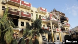 FILE: Outside view of the Hayat Hotel after an Al Qaeda linked Al Shabaab attack which lasted over 30 hours and left many dead and scores injured in Mogadishu, Somalia. Taken 8.21.2022