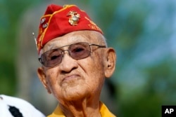 Navajo Code Talker Thomas Begay pauses for a moment at the Arizona State Navajo Code Talkers Day ceremony, in Phoenix, Aug. 14, 2022.