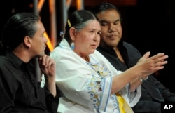 FILE - Sacheen Littlefeather participates in a discussion about the PBS special, "Reel Injun," on Aug. 5, 2010. In 1973 Littlefeather appeared at the Oscars to protest the depiction of Native Americans and Academy Awards officials have apologized for how