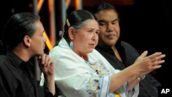 FILE - Sacheen Littlefeather participates in a discussion about the PBS special, "Reel Injun," on Aug. 5, 2010. In 1973, Littlefeather appeared at the Oscars to protest the depiction of American Indians and Academy Awards officials have apologized for how she was treated then.