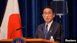 FILE: Japan's Prime Minister Fumio Kishida delivers a speech at his official residence in Tokyo, Japan. Taken 7.14.2022
