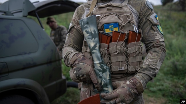 A volunteer soldier at training outside Kyiv, Ukraine, Aug. 27, 2022. Pro-Kyiv volunteers are loyal to Dzhokhar Dudayev, the late Chechen leader behind Chechnya's push for independence.