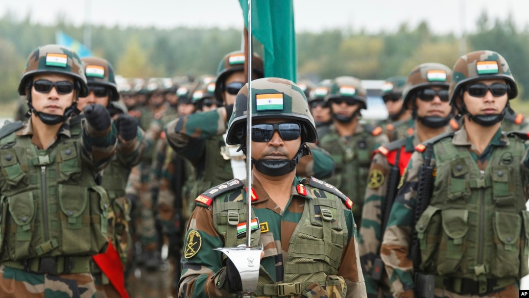 In this handout photo released by the Russian Defense Ministry Press Service, Indian soldiers march during the opening ceremony of Zapad-2021 at the Mulino training ground in the Nizhny Novgorod region, Russia, Sept. 9, 2021.