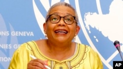 Pansy Tlakula speaks during a news conference in Geneva, Aug. 30, 2022.