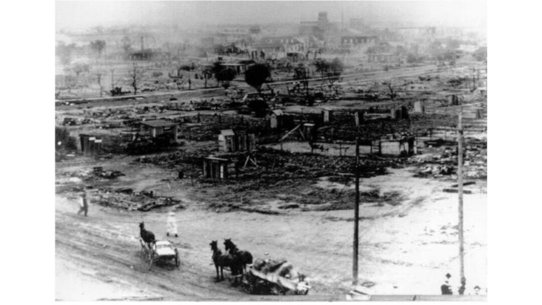Aftermath of the Greenwood riot in June 1921. (Courtesy Greenwood Cultural Center)