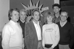 FILE - Key members of NBC's comedy, "The New Show," from left, Dave Thomas, Steve Martin, Lorne Michaels, Valri Bromfield, Jeff Goldblum, and Buck Henry, hold a news conference announcing the show in New York, Dec. 31, 1983.
