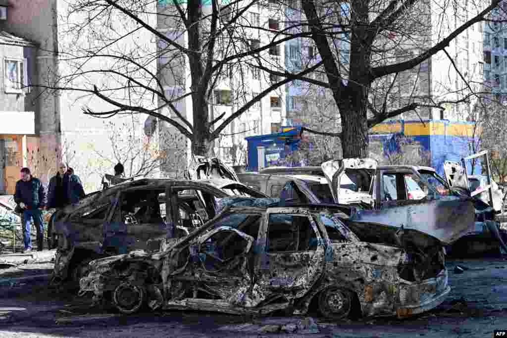 A view of the cars which were destroyed by recent shelling in Kyiv outskirts, Ukraine, Feb. 28, 2022