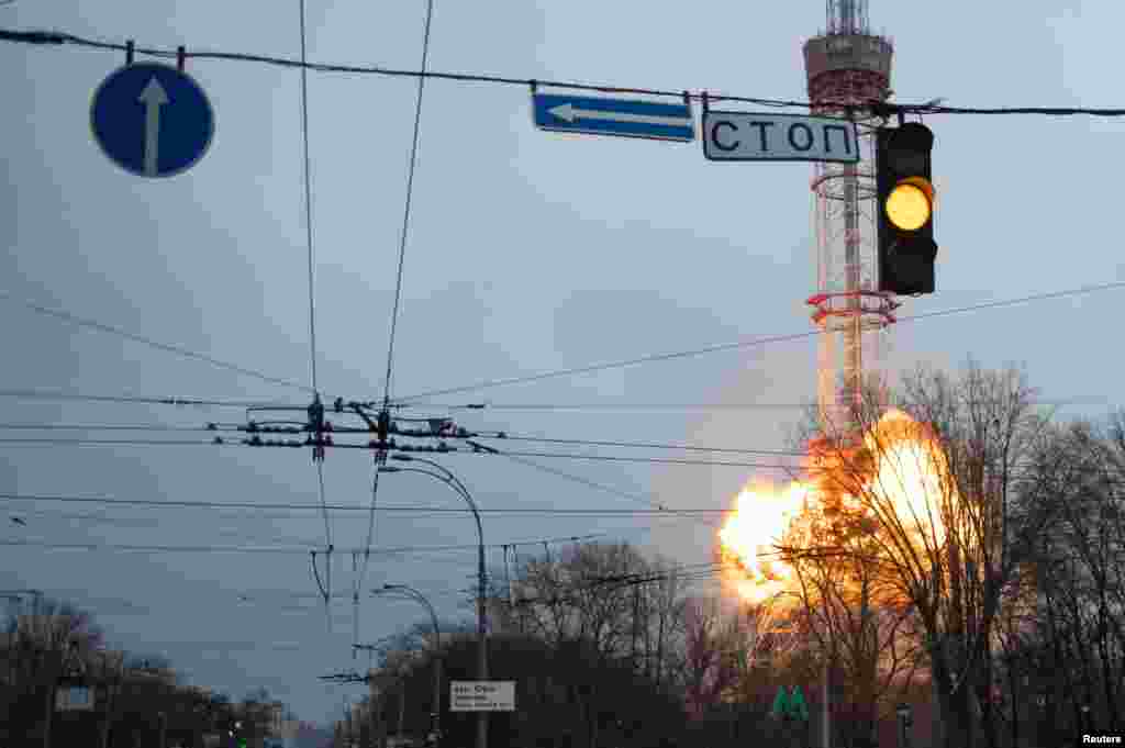 A blast is seen in the TV tower, amid Russia&#39;s invasion of Ukraine, in Kyiv, March 1, 2022. 