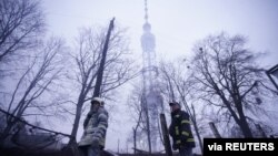 A view shows an affected area following an attack by Russian forces on a television tower in Kyiv, March 1, 2022. (Ukrainian State Emergency Service/Handout via Reuters) 