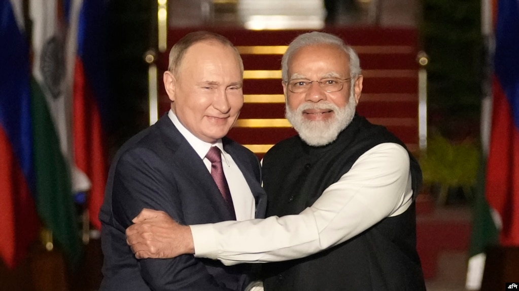 俄罗斯总统普京访印期间，受到印度总理莫迪的欢迎。（2021年12月6日）(photo:VOA)