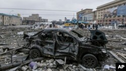 FILE: A view of the central square following shelling of the City Hall building in Kharkiv, Ukraine, Tuesday, March 1, 2022.