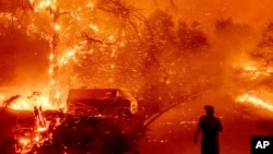 In this file photo, Bruce McDougal watches embers fly over his property as the Bond Fire burns through the Silverado community in Orange County, Calif., on Dec. 3, 2020. (AP Photo/Noah Berger, File)