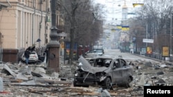 A view shows the area near the regional administration building, which city officials said was hit by a missile attack, in central Kharkiv, Ukraine, March 1, 2022.