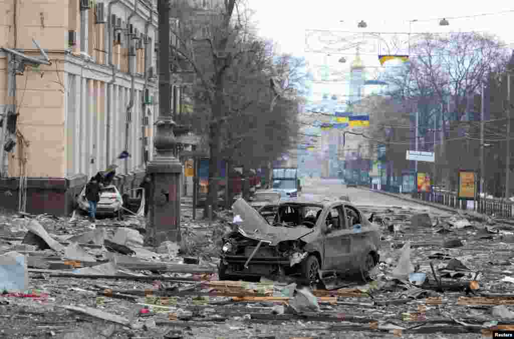 This image shows the area near the regional administration building, which city officials say was hit by a missile attack, in central Kharkiv, Ukraine.