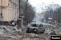 A view shows the area near the regional administration building, which city officials said was hit by a missile attack, in central Kharkiv, Ukraine, March 1, 2022.