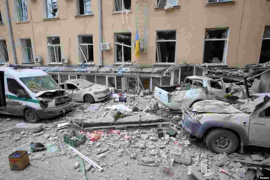 A view shows a courtyard of the regional administration building, which city officials said was hit by a missile attack in central Kharkiv, Ukraine, March 1, 2022.