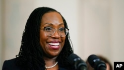 FILE - Judge Ketanji Brown Jackson speaks after President Joe Biden announced her as his nominee to the Supreme Court, in the Cross Hall of the White House, Feb. 25, 2022, in Washington. 