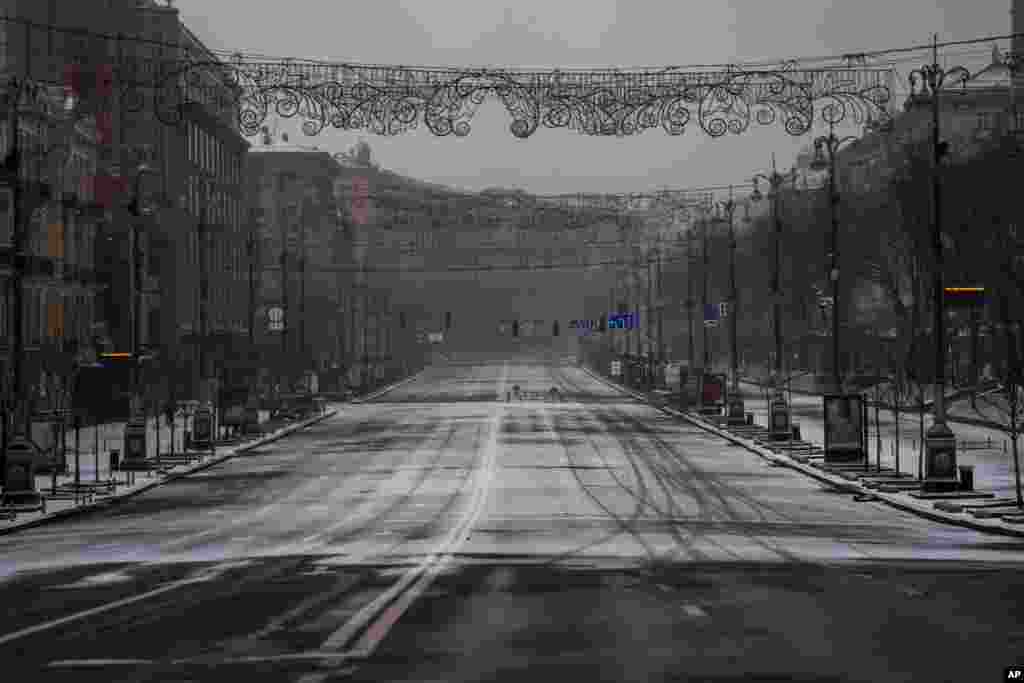 This shows a view of Khreshchatyk, one of the main streets in Kyiv, empty due to curfew, Ukraine, March 1, 2022.