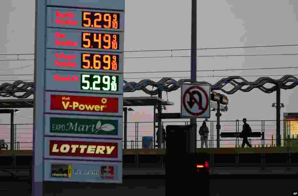 Soaring gas prices can be seen at a station in Los Angeles, California, Feb. 28, 2022.