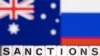 Huruf plastik bertuliskan "Sanksi" diletakkan di depan warna bendera Australia dan Rusia dalam ilustrasi ini diambil 28 Februari 2022. (Foto: REUTERS/Dado Ruvic)