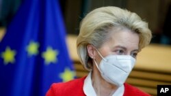 European Commission President Ursula von der Leyen waits for the start of the weekly College of Commissioners at EU headquarters in Brussels, March 2, 2022.