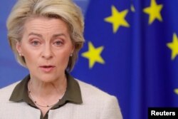 European Commission President Ursula von der Leyen speaks during a news conference with High Representative of the European Union for Foreign Affairs and Security Policy Josep Borrell, in Brussels, Belgium, Feb. 27, 2022.