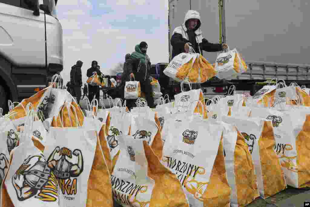 Food donations delivered for Ukrainian refugees at the Medyka border crossing in Poland, Feb. 27, 2022.