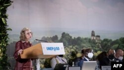 Executive Director of the UNEP, Inger Andersen addresses delegates at the 50th anniversary of the UN Environment Program (UNEP) in Nairobi on March 3, 2022.