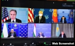 FILE - U.S. Secretary of State Antony Blinken addresses Central Asian foreign ministers in C5+1 virtual meeting, Feb. 28, 2022. (Uzbekistan MFA)