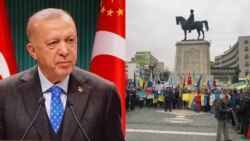 图左为土耳其总统埃尔多安（Recep Tayyip Erdogan）；图右：土耳其民众上街抗议俄罗斯入侵乌克兰。