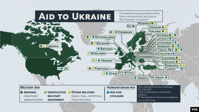 Bản đồ các nước cung cấp vũ khí, hỗ trợ quân sự và nhân đạo cho Ukraine