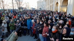 People participate in a protest against Russian invasion of Ukraine, after President Vladimir Putin authorized a massive military operation, in Saint Petersburg, Russia Feb. 27, 2022.