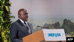 FILE - Botswana president, Mokgweetsi Masisi addresses delegates at the 50th anniversary of the UN Environment Program (UNEP) in Nairobi on March 3, 2022.