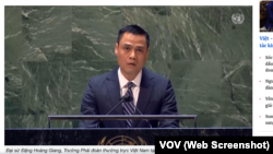 Đại sứ Đặng Hoàng Giang, Trưởng Phái đoàn thường trực Việt Nam tại Liên Hiệp Quốc, phát biểu trong phiên họp đặc biệt về Ukraine vào ngày 1/3/2022. 