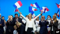 FILE - French conservative candidate for the upcoming presidential election Valerie Pecresse gestures at a rally in Le Cannet, southern France, Feb.18, 2022.