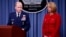 Air Force Secretary Deborah Lee James and Air Force Global Strike Command (AFGSC) Commander Lt. Gen. Stephen Wilson, finish their statements before taking questions during a news conference at the Pentagon, Thursday, March 27, 2014