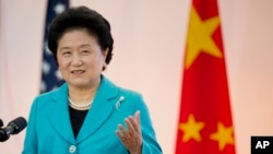 资料照片：时任中国国务院副总理刘延东在美国国务院举行的第七轮美中战略与经济对话期间发表讲话。(2015年6月23日)