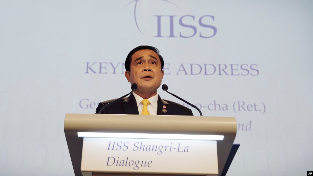 PM Thailand Prayuth Chan-ocha memberikan sambutan dalam sajian santap malam pembukaan KTT Keamanan Asia, Shangri-a Dialogue di Singapura (3/6).