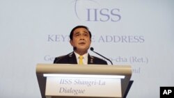 PM Thailand Prayuth Chan-ocha memberikan sambutan dalam sajian santap malam pembukaan KTT Keamanan Asia, Shangri-a Dialogue di Singapura (3/6).