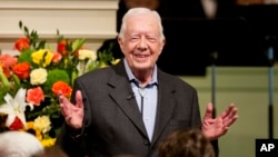 FILE - Former President Jimmy Carter teaches Sunday School class at Maranatha Baptist Church in his hometown of Plains, Georgia, Aug. 23, 2015. Audio recordings from his classes just earned the late president a Grammy.