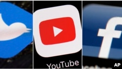 This combination of images shows logos for Twitter, YouTube and Facebook. (AP Photo/File)