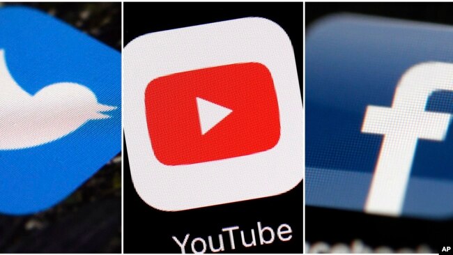 This combination of images shows logos for Twitter, YouTube and Facebook. (AP Photo/File)