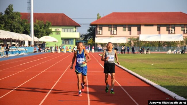 102-year-old sprinter Sawang Janpram during the Men's 100m during the Thailand Master Athletes Championship on February 27, 2022.