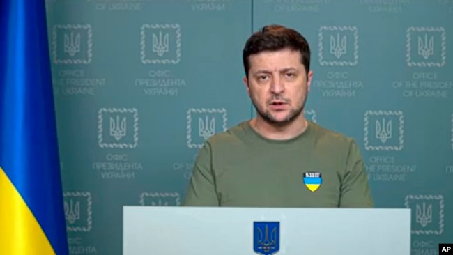 In this image taken from video provided by the Ukrainian Presidential Press Office, Ukrainian President Volodymyr Zelenskyy speaks to the nation in Kyiv, Ukraine, March 3, 2022. (Ukrainian Presidential Press Office via AP)