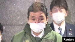 기시 노부오 일본 방위상이 5일 북한 탄도미사일 발사에 대한 입장을 밝히고 있다.
