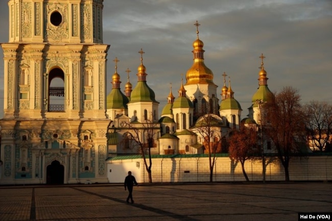 FILE - In the historic center of Kyiv, St. Sophia Cathedral is a UN World Heritage site representing the architecture and arts of the early 11th century. It has 13 domes and was designed to rival Hagia Sophia in Constantinople. (Photo by Hai Do)