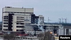 A damaged administrative building of the Zaporizhzhia nuclear power plant in Enerhodar, Ukraine, is seen in this handout photo released March 4, 2022.